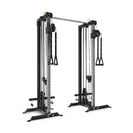 The Bells of Steel Cable Tower Squat Stands is a black and silver machine with adjustable pulleys, weight stacks, and handles on each side—perfect for strength training at home or pairing with a squat stand or cable tower setup.