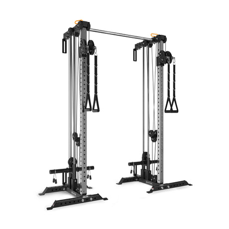 The Bells of Steel Cable Tower Squat Stands feature adjustable pulleys, a sturdy metal frame, and dual handles—ideal for strength and resistance training at home or paired with other Cable Tower Squat Stands.