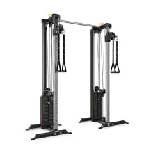 The Bells of Steel Cable Tower Squat Stands feature dual weight stacks, pulleys, an adjustable pull-up bar, and handles—ideal for functional strength and versatile home gym workouts.