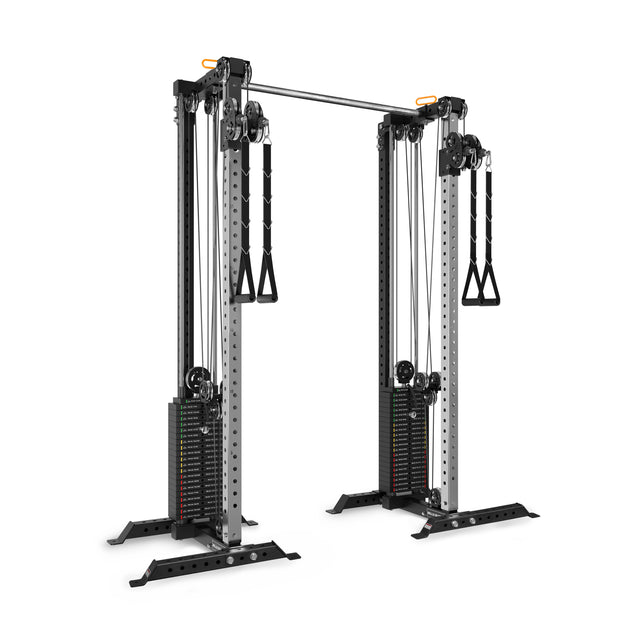 The Bells of Steel Cable Tower Squat Stands feature dual weight stacks, pulleys, an adjustable pull-up bar, and handles—ideal for functional strength and versatile home gym workouts.