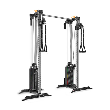 The Bells of Steel Cable Tower Squat Stands feature dual adjustable pulleys, two weight stacks, a pull-up bar, handles, and a crossbar—ideal for versatile strength training and fitness exercises in your home gym.