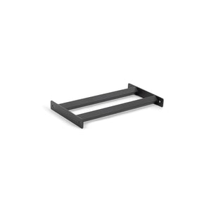 A black, rectangular metal bracket featuring dual parallel bars and two mounting holes per end, likely serves as a support structure for the Bells of Steel Bumper Plate Pins Shelf.