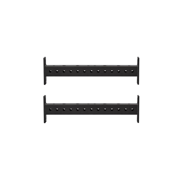 Two black metal Hydra Crossmembers from Bells of Steel, each featuring rows of evenly spaced holes, are positioned parallel to each other on a white background.