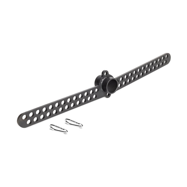 The Bells of Steel 30 D-Handle Bar Cable Attachment with Carabiners, featuring a black perforated metal bar and central hub, is shown next to two carabiners—perfect as a cable machine attachment on a white background.