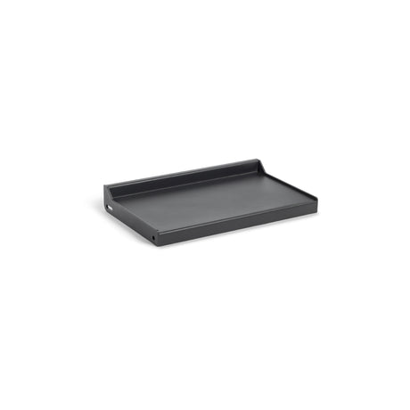 The Dumbbell/Kettlebell Shelf by Bells of Steel is a sleek, black leather desktop tray with a minimalist design, featuring a sturdy flat base and slightly raised edges, ideal for organizing papers or accessories.