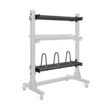 The Bells of Steel USA Storage Shelves feature a gray metal frame, three black shelves for organized storage, and wheels for easy mobility.