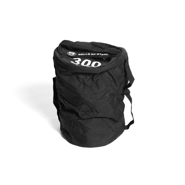 A black Fitness Sandbag from Bells of Steel, featuring the number "300" printed on it, showcases durable Condura construction for longevity. Its cylindrical shape and sturdy handles ensure easy portability, all displayed against a plain white background.