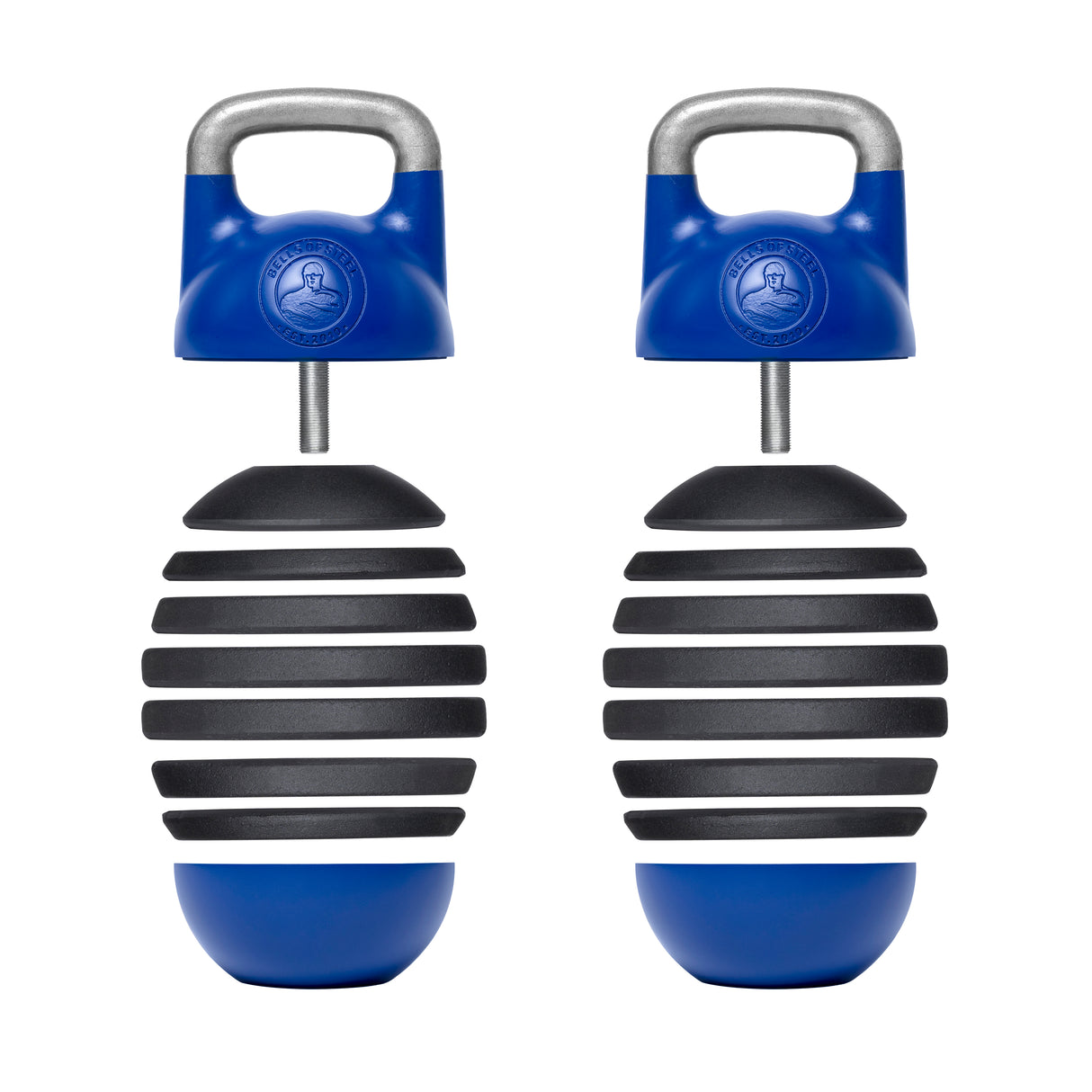 pair of blue 12-32kg adjustable kettlebells