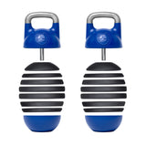 Two Bells of Steel Adjustable Competition Kettlebells in blue and black showcase a distinctive striped design. The handle, adorned with the brand logo, sits atop a circular, segmented base that facilitates precise weight increments. The background is white.