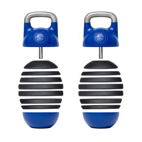 The Bells of Steel Adjustable Competition Kettlebell, featuring two blue and black dumbbells with a unique rounded design, mimics the look of competition-style kettlebells. Each has a silver handle with an emblem near the top, displaying alternating black and blue embossed segments.