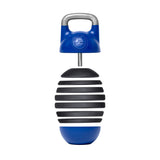 Introducing the Bells of Steel Adjustable Competition Kettlebell: a blue and black weighted shaker with a metallic handle, expertly crafted in an egg shape. This kettlebell boasts alternating black stripes and a round base, making it perfect for exercise or strength training routines. For added style, the handle features an embossed circular logo.