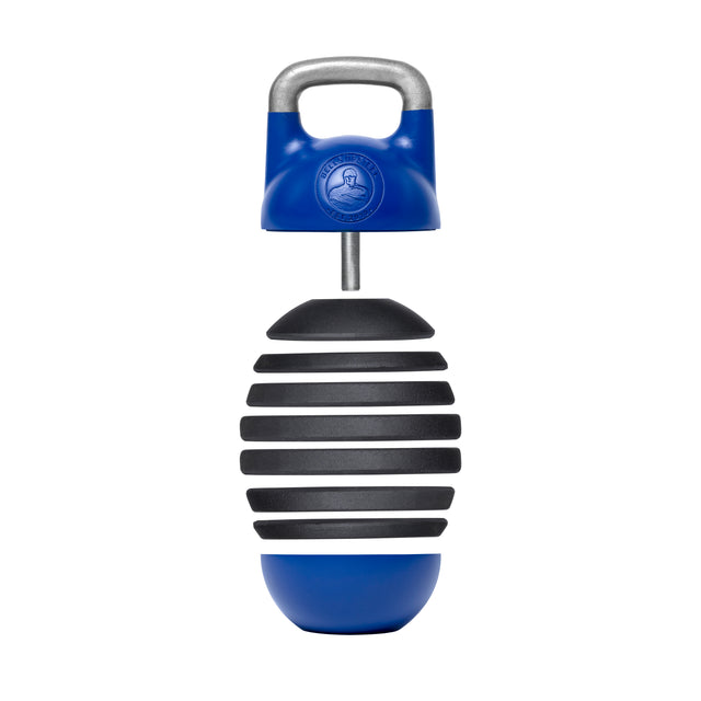 Introducing the Bells of Steel Adjustable Competition Kettlebell: a blue and black weighted shaker with a metallic handle, expertly crafted in an egg shape. This kettlebell boasts alternating black stripes and a round base, making it perfect for exercise or strength training routines. For added style, the handle features an embossed circular logo.