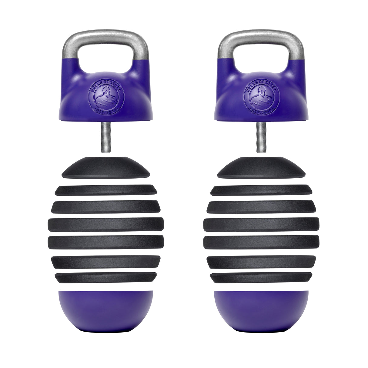 Two shaker instruments in purple and black, featuring ergonomic handles and ribbed designs that evoke the Adjustable Competition Kettlebell from Bells of Steel. Equipped with metallic loops on top for easy gripping, these vertically aligned shakers showcase a modern design perfect for musical use.