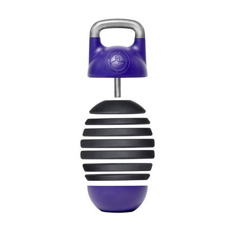 The Bells of Steel Adjustable Competition Kettlebell is a purple and black striped percussion shaker with a silver handle, crafted for kettlebell training enthusiasts. Designed to mimic a kettlebell, it proudly displays the brand logo on top.