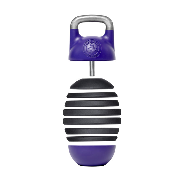 A purple and black striped Adjustable Competition Kettlebell from Bells of Steel, featuring an oval shape with a metal handle on top, designed for strength and stability exercises. The handle is embellished with a circular logo and an embossed figure.