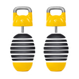 Two Bells of Steel Adjustable Competition Kettlebells, featuring a distinctive cylindrical design with grip handles on top, come in a yellow and black color scheme. Each kettlebell is equipped with yellow end caps that facilitate easy weight adjustments, all set against a plain white background.