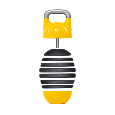 The Adjustable Competition Kettlebell by Bells of Steel, featuring a yellow and black striped beehive design with a metal handle, combines durability and fun for kettlebell training.