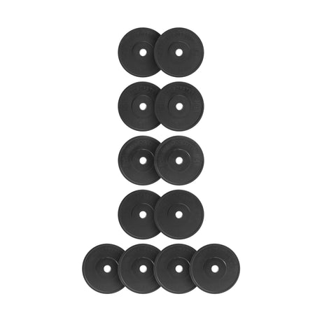 Ten All-Black Bumper Plate Sets by Bells of Steel are arranged vertically in four rows on a white background, with each row holding two or three plates for easy, accurate weight selection and safe lifting.