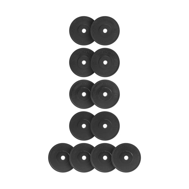Ten All-Black Bumper Plate Sets by Bells of Steel are arranged vertically in four rows on a white background, with each row holding two or three plates for easy, accurate weight selection and safe lifting.