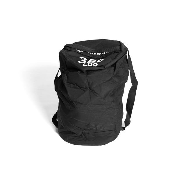 The Fitness Sandbags by Bells of Steel is a black backpack, prominently displaying "350 LBS" text. It is constructed from durable Condura material and includes versatile sandbags equipped with shoulder straps and a top opening. The product stands upright against a plain white background.