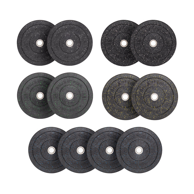 A set of eight Bells of Steel Crumb Bumper Plates, arranged in pairs with subtle red, yellow, green, and blue speckles on a white background. Ideal for enhancing your lifting routine, each round black plate has a central hole for barbell mounting.