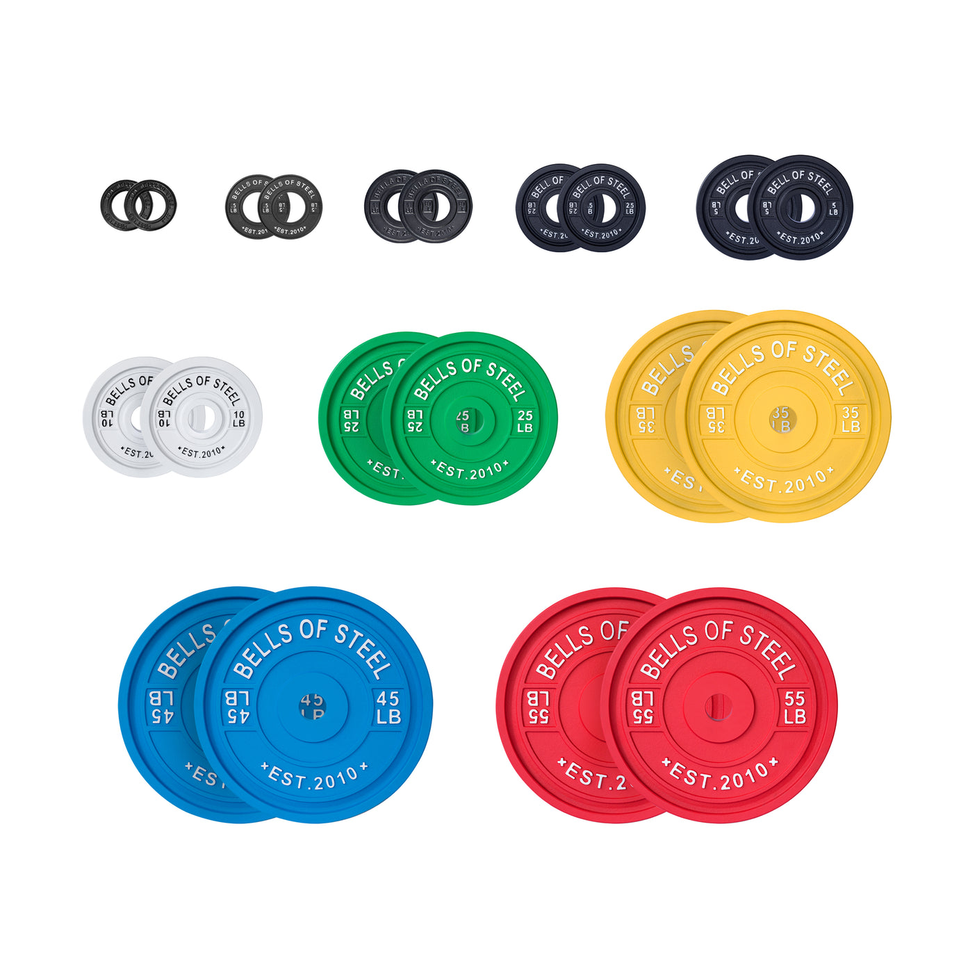 The Calibrated Powerlifting Plates - LB Sets from Bells of Steel are meticulously organized by size and color, featuring a range from the smallest black to the largest red plate. Each plate displays "Bells of Steel" with standardized diameters and weight markings.