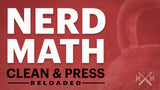 A red background displays "NERD MATH" atop "CLEAN & PRESS RELOADED." A subtle kettlebell and "MW" logo appear on the right, highlighting professional guidance that simplifies complex routines into effective workouts for the "Ultimate Kettlebell Bundle" by Mark Wildman from Bells of Steel.