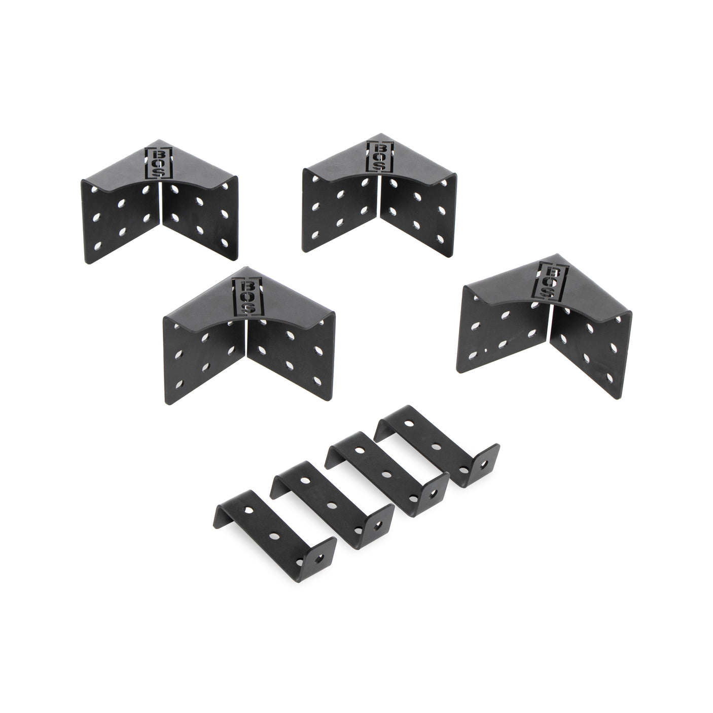 Four black metal corner supports and four flat mounting brackets from the Bells of Steel 3 Layer Deadlift Platform Hardware are shown on a white background. This heavy-duty hardware has multiple screw holes for sturdy installations.