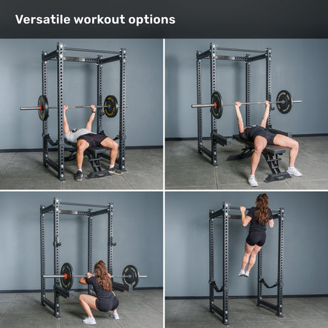 Four images show a person using the Bells of Steel Manticore Four Post Power Rack - Prebuilt (3" x 3", 1" Holes) for bench press, shoulder press, squat, and pull-up exercises. The dedicated home gym setting features gray walls and flooring, highlighting the versatile workout options offered by this sturdy power rack.