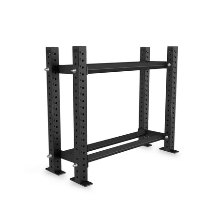 The Bells of Steel USA Prebuilt Bumper Plate Storage is a black metal weight rack featuring two shelves, adjustable shelf heights via multiple side column holes, and versatile floor-mountable design. Ideal for organizing gym equipment like weight plates or dumbbells, this fixed weight plate rack offers convenient bumper plate storage to keep your workout space neat and efficient.
