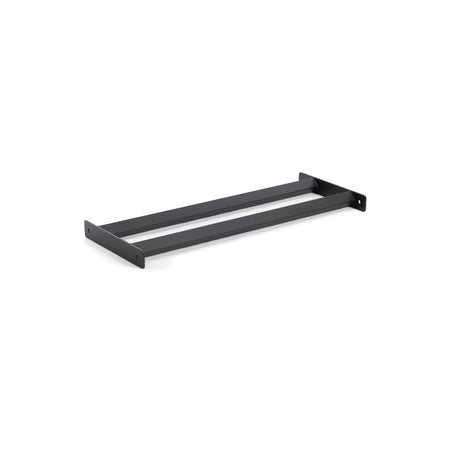 The Bells of Steel Bumper Plate Pins Shelf consists of two black rectangular metal brackets with mounting holes on each end, forming an open frame perfect for structural support or organizing spaces by securely holding bumper plates.