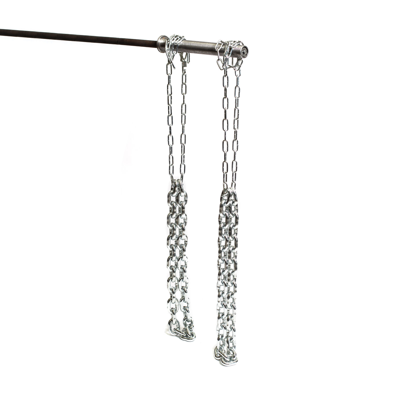 The Bells of Steel Weightlifting Chain Sets feature two zinc-plated chains with thicker, looped ends, suspended from a sturdy metal bar against a plain white background.