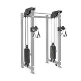 The Kraken Rack Attachment by Bells of Steel is a compact cable system for 4 Post Hydra & Manticore Racks. It includes dual adjustable pulleys, weight stacks, multiple handles, and adjustable trolleys for versatile strength training exercises within its metal frame.