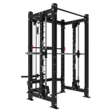 The Bells of Steel USA Smith Machine Rack With Lat Pulldown - Hydra (3" x 3", ⅝" holes) features a sturdy black frame, adjustable safeties, pulleys, weight storage, and a weight stack lat pulldown for strength training.