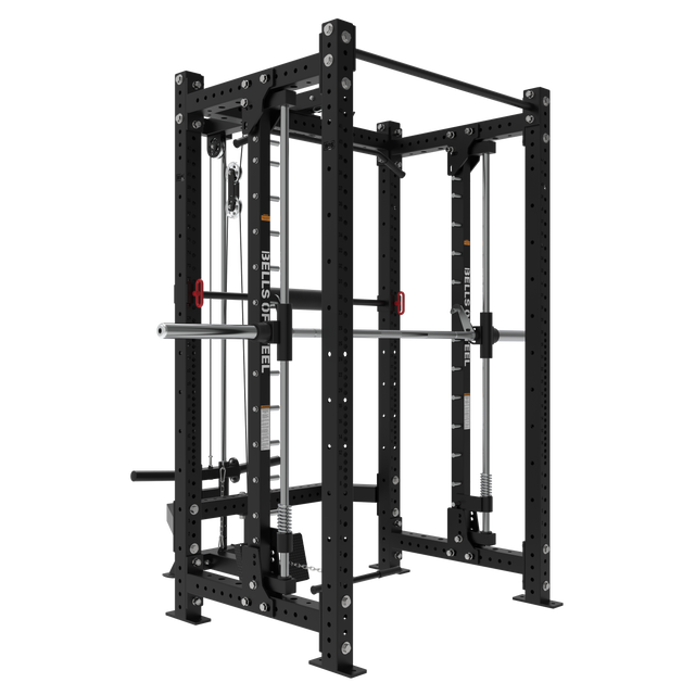 The Bells of Steel USA Smith Machine Rack With Lat Pulldown - Hydra (3" x 3", ⅝" holes) features a sturdy black frame, adjustable safeties, pulleys, weight storage, and a weight stack lat pulldown for strength training.