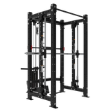 The Bells of Steel USA Smith Machine Rack With Lat Pulldown - Hydra (3" x 3", ⅝" holes) is a black, sturdy, modular power rack with a Smith machine, pull-up bar, barbell holders, weight plate pegs, and cable pulley for versatile training.