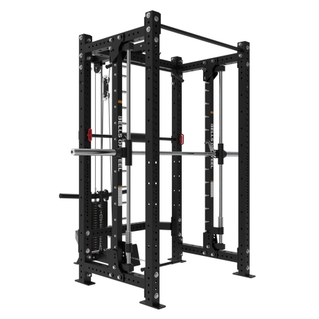 The Bells of Steel USA Smith Machine Rack With Lat Pulldown - Hydra (3" x 3", ⅝" holes) is a black, sturdy, modular power rack with a Smith machine, pull-up bar, barbell holders, weight plate pegs, and cable pulley for versatile training.