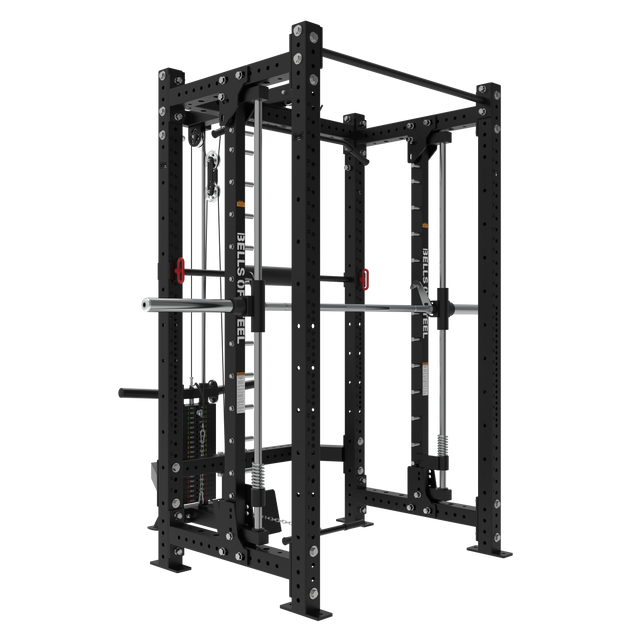 The Bells of Steel USA Smith Machine Rack With Lat Pulldown - Hydra (3" x 3", ⅝" holes) is a black, sturdy, modular power rack with a Smith machine, pull-up bar, barbell holders, weight plate pegs, and cable pulley for versatile training.
