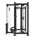 The Bells of Steel USA Smith Machine Rack With Lat Pulldown - Hydra (3" x 3", ⅝" Holes) is a modular black power rack featuring a lat pulldown, barbell holders, safety bars, and adjustable holes for versatile strength training.