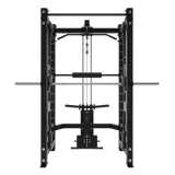 A Bells of Steel USA Smith Machine Rack With Lat Pulldown - Hydra (3"x3", ⅝" holes) in black and silver, featuring cable pulleys, pull-up handles, and weight stack lat pulldown, shown front-facing on a white background.