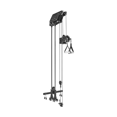 The Bells of Steel Kraken Rack Attachment for 4 Post Hydra & Manticore Racks (Single Side) is a black cable system with pulleys for wall mounting, featuring a handle attachment ideal for upper body exercises.