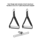 On display against a white backdrop, are two short aluminum handles with straps as part of Bells of Steel's Kraken Rack Attachment for 4 Post Hydra & Manticore Racks. Below the handles, a cable attachment adapter with a hook integrates seamlessly for an efficient setup. Text describes two handles and an adapter.