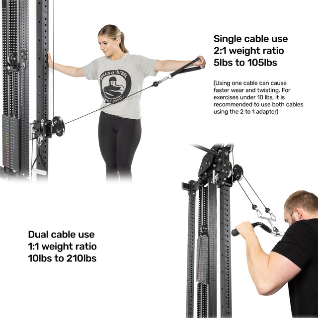 A couple showcases the Bells of Steel Kraken Rack Attachment for 4 Post Hydra & Manticore Racks (Single Side). The woman uses a single cable with a 2:1 weight ratio from 5lbs to 105lbs, and the man uses dual cables at 1:1 from 10lbs to 210lbs. Adjustable trolleys aid in precision, guided by weight recommendations.