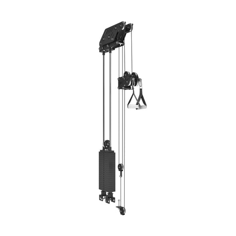 The Bells of Steel Kraken Rack Attachment for 4 Post Hydra & Manticore Racks (Single Side) is a sleek, compact black-framed cable system with a vertical pulley and adjustable trolleys, ideal for diverse upper and lower body workouts. Its versatile design ensures seamless integration into any space.