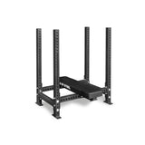 The Bells of Steel USA Four Post Converter Bench is a black steel powerlifting bench press rack with a padded bench and adjustable four-post design, ideal for weight training. Shown against a plain white background.