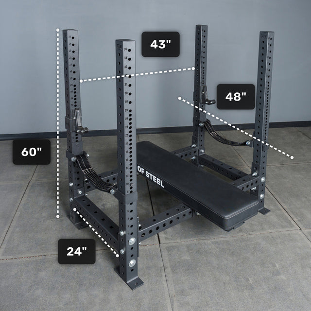 The Bells of Steel USA Hydra Four Post Converter Bench is a heavy-duty black steel powerlifting bench press station, 60"H x 43"W x 24"D, with 48" side arm height and a floating bench design that sits securely between vertical posts.