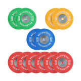 The Boltless LB Competition Bumper Plate Sets by Bells of Steel USA include two green 25 lb, two yellow 35 lb, two blue 45 lb, and six red 55 lb plates—ideal training plates for Olympic lifting in your gym.