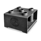 A black, square-shaped 5 Barbell Holder from Bells of Steel offers space-efficient organization for your home gym with five vertical slots, embossed with the brand name and kettlebell image on the side.