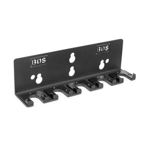 The Bells of Steel Hanging Barbell Holders feature five slots, four screw holes, and two BOS logos cut out near the top. Their angled back panel makes them perfect for organizing barbells or accessories with efficient wall storage.
