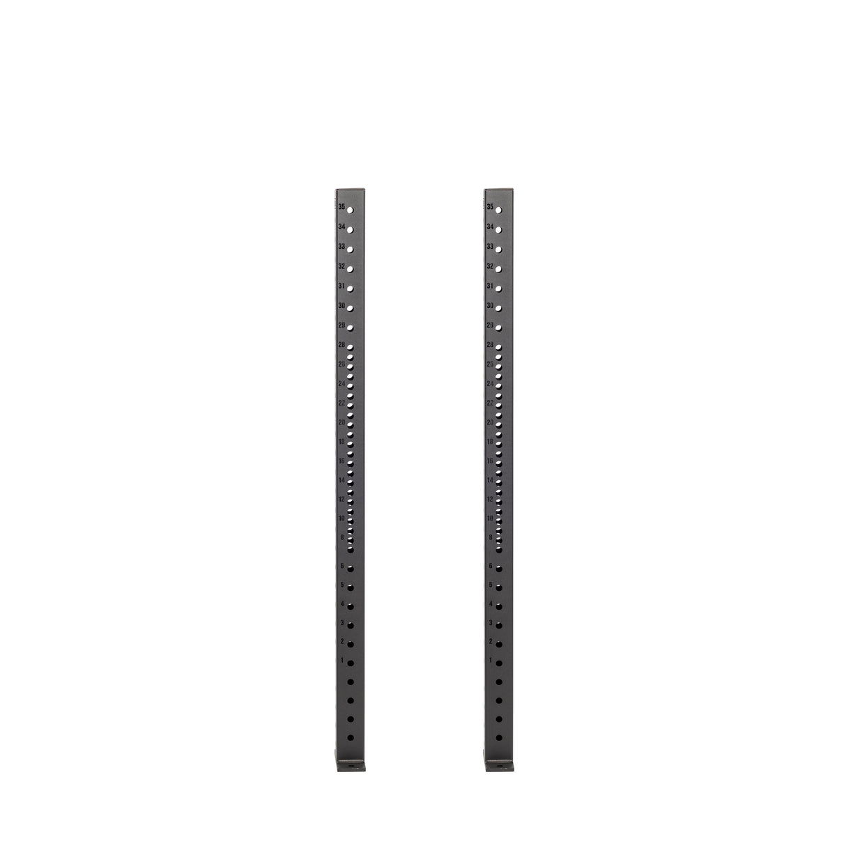 Two tall, vertical Hydra Vertical Uprights by Bells of Steel with evenly spaced holes stand side by side against a white background, aligned parallel and ready for rack attachments.